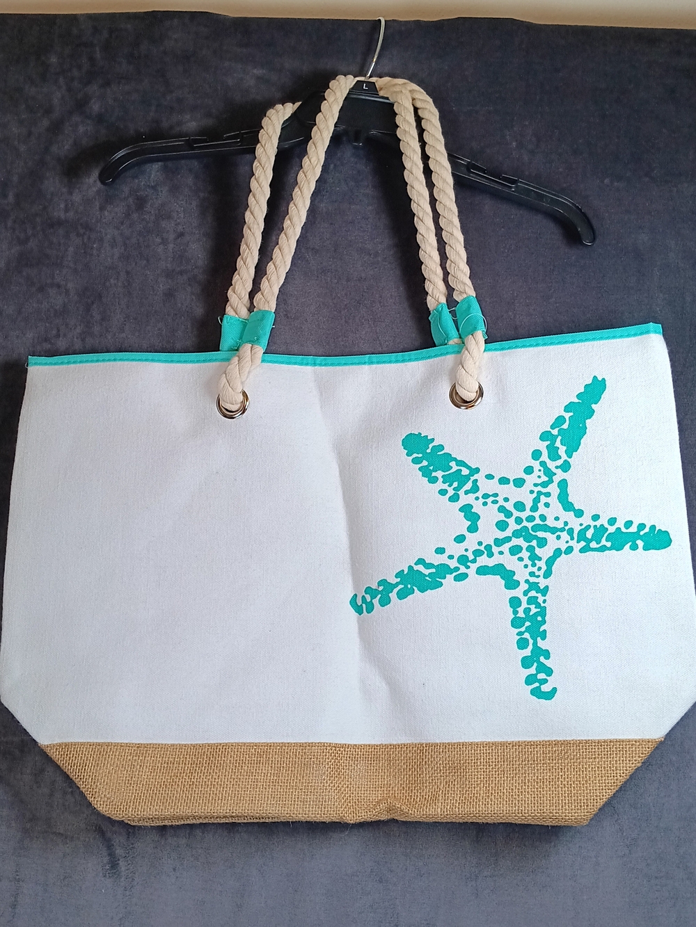 Canvas Starfish Beach Tote in Teal and White